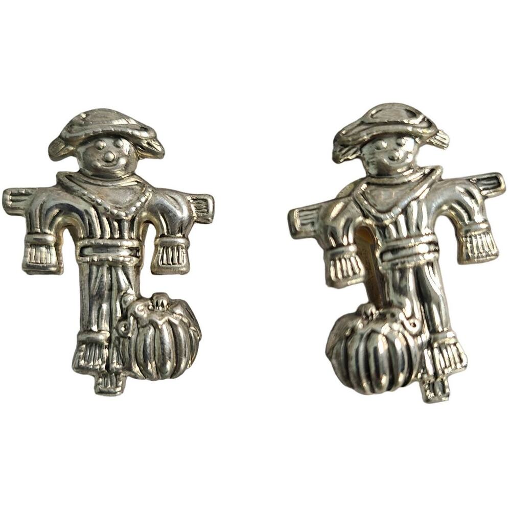 Vintage 1990s Best Scarecrow Silver tone Metal Autumn Clip Earrings 1,5" NEW
